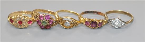Five assorted early 20th century gold and gem set rings including 9ct, 15ct and 18ct.
